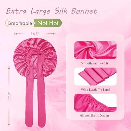 BONNET QUEEN XL Large Silk Bonnet for Sleeping for Women Big Satin Bonnet Night Cap for Curly Hair with Tie Band, Large, Hot Pink | Extra Large, Protective Sleep Cap thumbnail 3