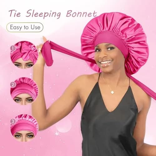 BONNET QUEEN XL Large Silk Bonnet for Sleeping for Women Big Satin Bonnet Night Cap for Curly Hair with Tie Band, Large, Hot Pink | Extra Large, Protective Sleep Cap thumbnail 4