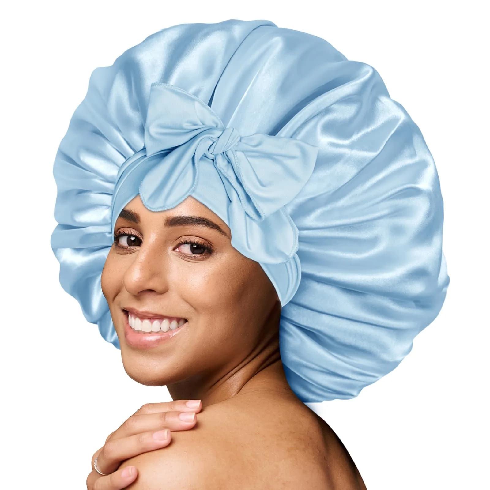 BONNET QUEEN XL Large Silk Bonnet for Sleeping for Women Big Satin Bonnet Night Cap for Curly Hair with Tie Band, Large, Light Blue | Extra Large, Protective Sleep Cap