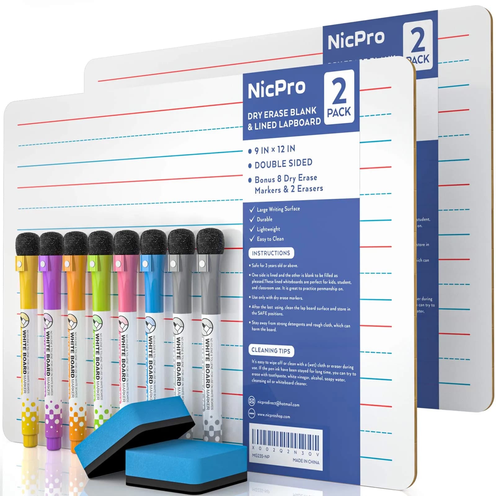 Nicpro 9 x 12 inch Dry Erase Lap Board 2 Pack (22.86 x 30.48 cm) | Ruled & Blank Double-Sided Whiteboard Set with Markers & Erasers - main product image