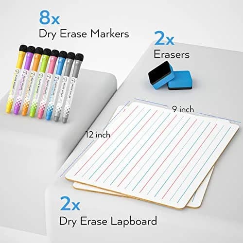 Nicpro 9 x 12 inch Dry Erase Lap Board 2 Pack (22.86 x 30.48 cm) | Ruled & Blank Double-Sided Whiteboard Set with Markers & Erasers thumbnail 2