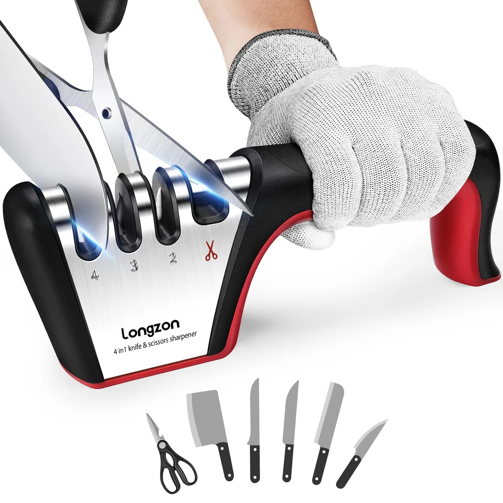 Longzon 4-Stage Knife Sharpener with Cut-Resistant Glove | Restores Dull Blades