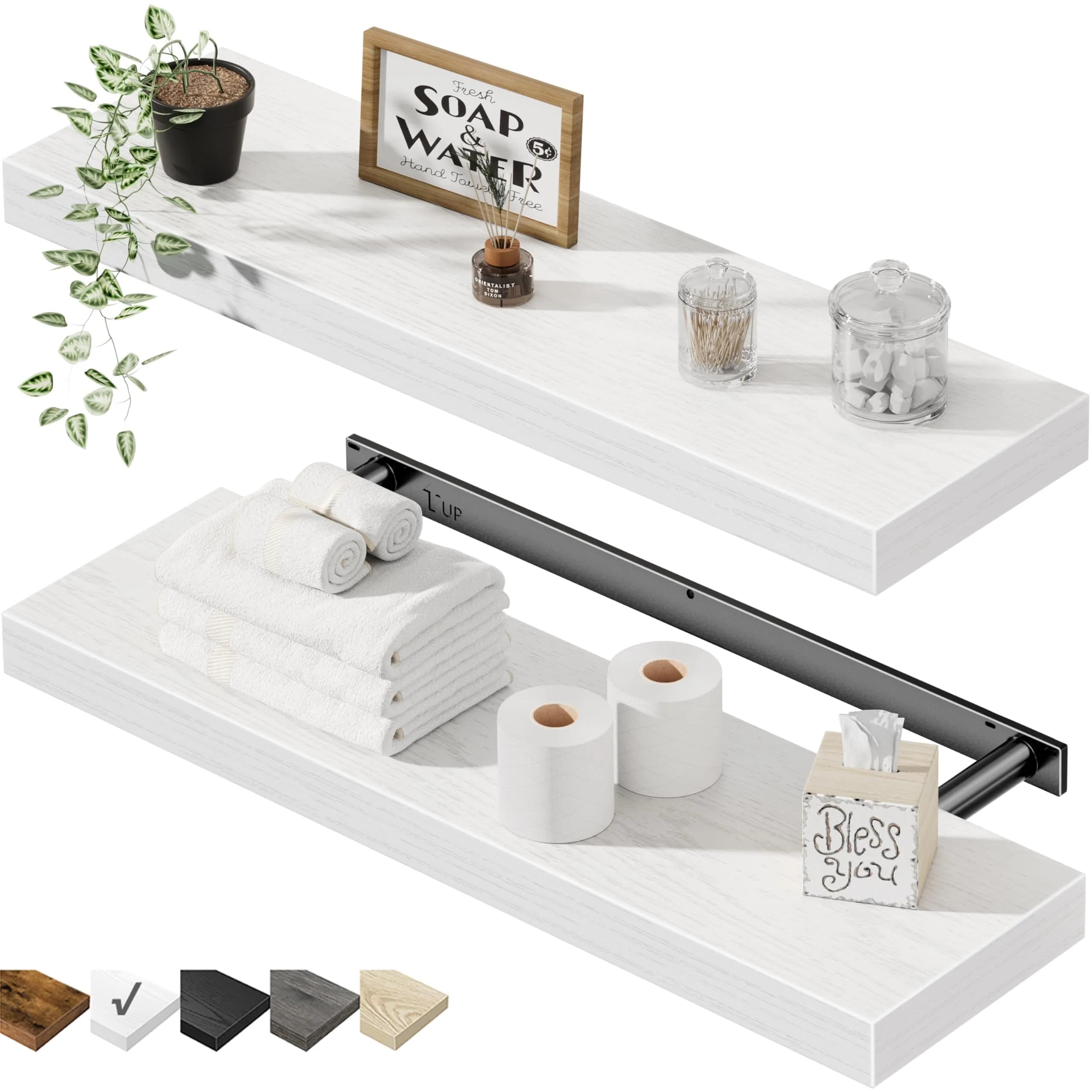 QEEIG Floating Shelves for Wall 60cm (23.6") Rustic Brown Set of 2 | Invisible Bracket Farmhouse Decor — C. White