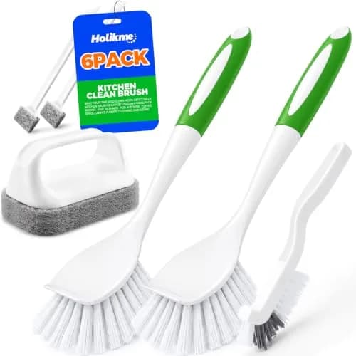Holikme 6 Pack Dish Brush Set with Handle for Cleaning, Green | Heavy Duty Kitchen & Household Scrubbing Tool thumbnail 1