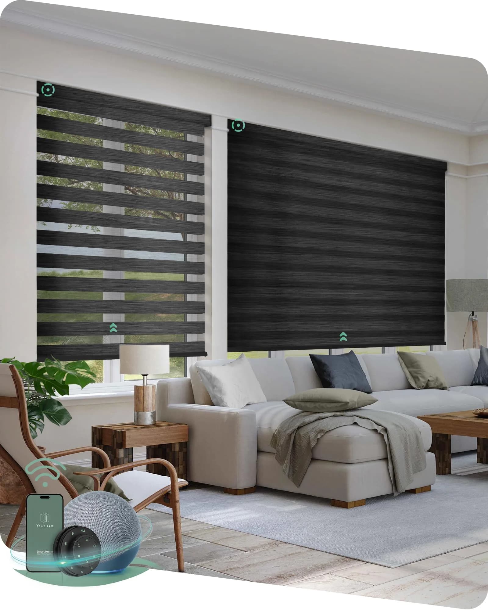 Yoolax Motorized Zebra Blinds with Remote Multicolor Fabric Samples | Smart Electric Shades for Windows — Twilight Carbon Black / 110"W x 118"H