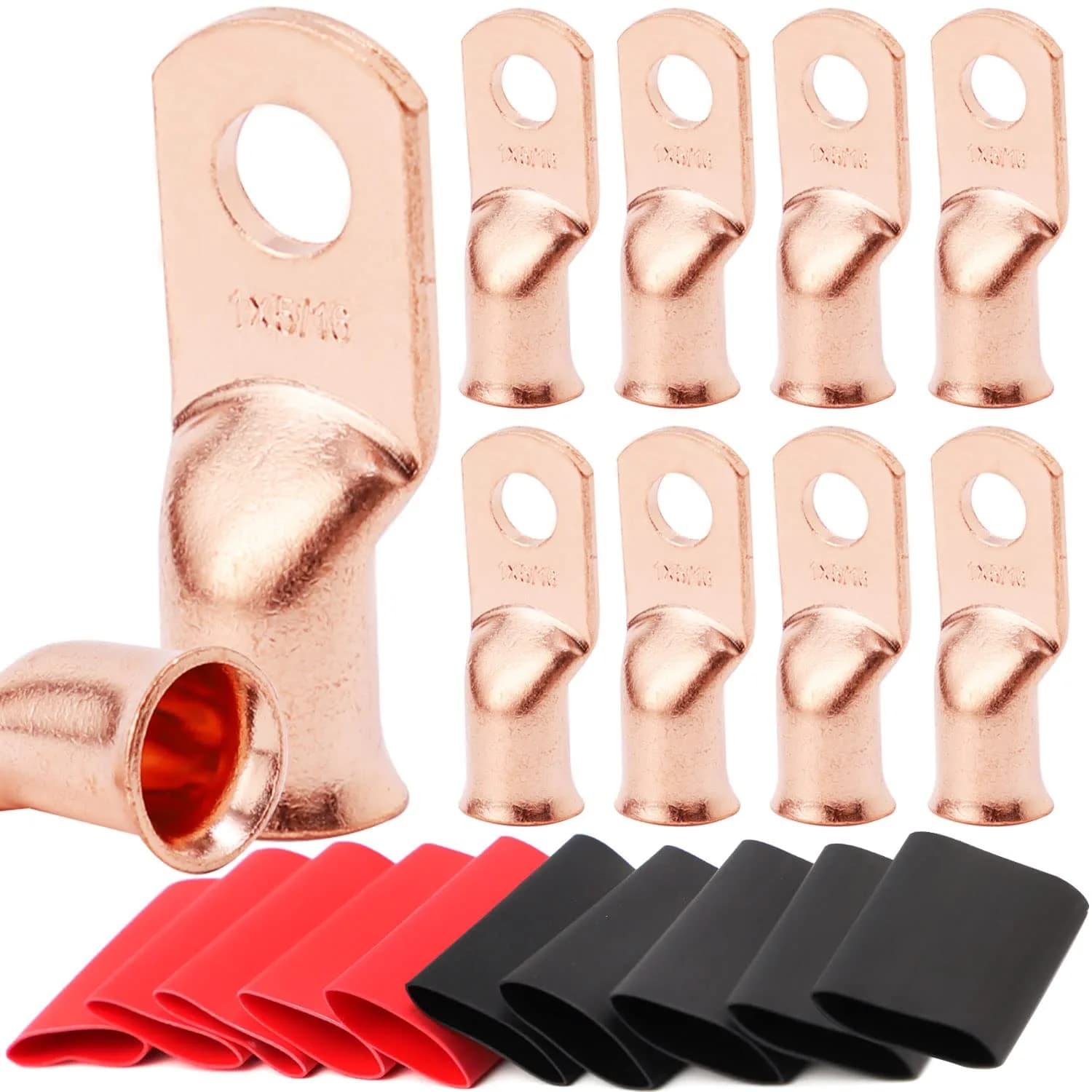 TKDMR 10 PCS 2 AWG - 3/8 Battery Cable Lugs Copper Wire Ring Terminals | Heavy Duty Copper Connectors with Heat Shrink — 1 Awg - 5/16" (M8) Ring