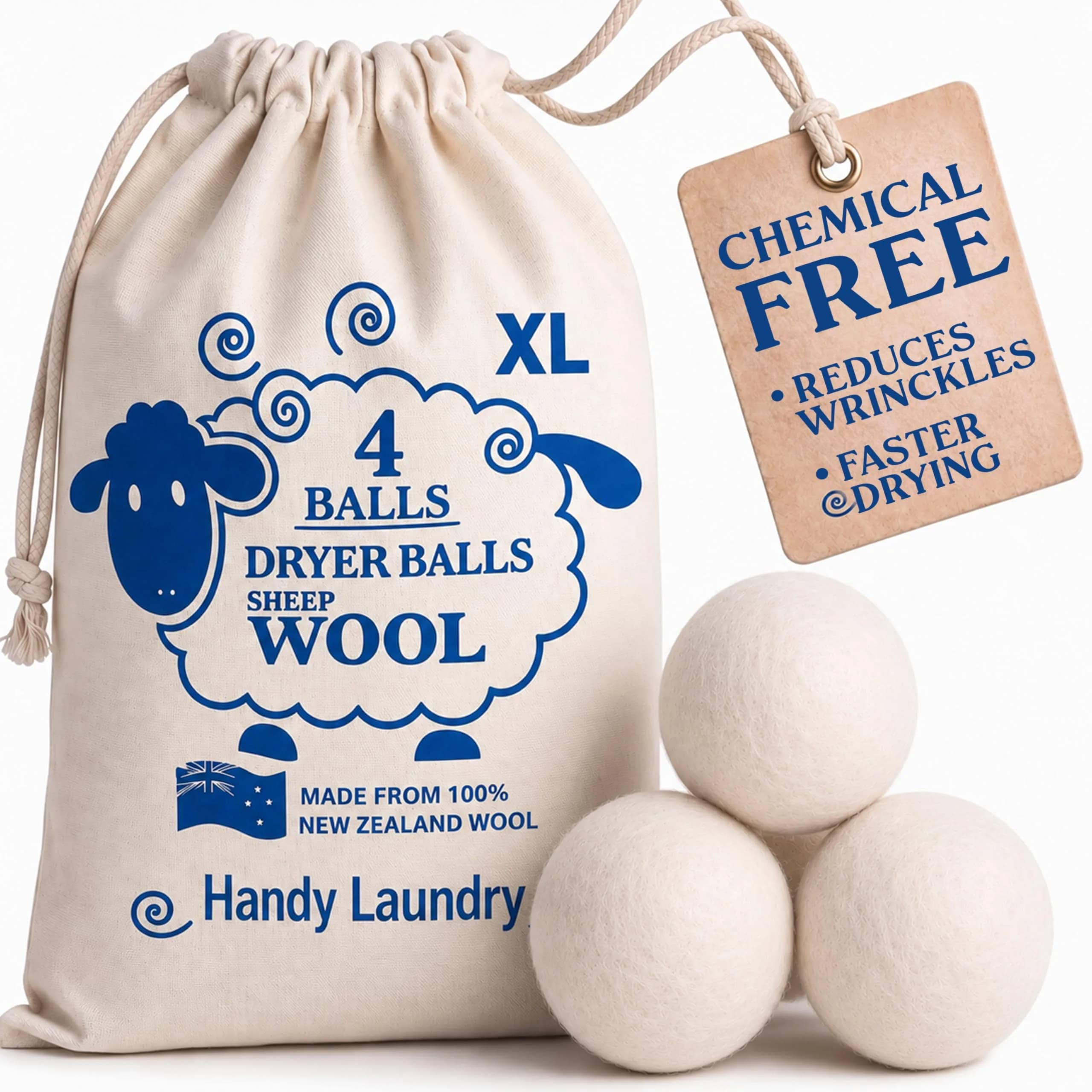 Handy Laundry Wool Dryer Balls 4-Pack, Reusable Natural Fabric Softener | 7.6 cm (3") Diameter