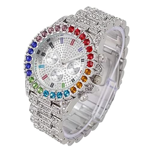 Charles Raymond Watch Flawless Multi Color Big Diamond Ice Rollie - ST10327DxxS (Silver Rainbow) | Hip Hop Style, 28 Crystals, Blood Red Dial thumbnail 4