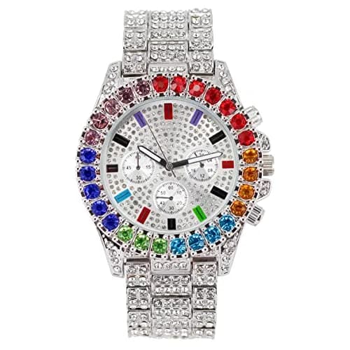 Charles Raymond Watch Flawless Multi Color Big Diamond Ice Rollie - ST10327DxxS (Silver Rainbow) | Hip Hop Style, 28 Crystals, Blood Red Dial thumbnail 1