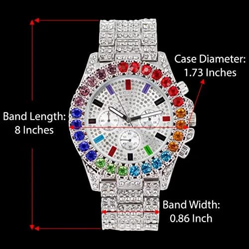 Charles Raymond Watch Flawless Multi Color Big Diamond Ice Rollie - ST10327DxxS (Silver Rainbow) | Hip Hop Style, 28 Crystals, Blood Red Dial thumbnail 2