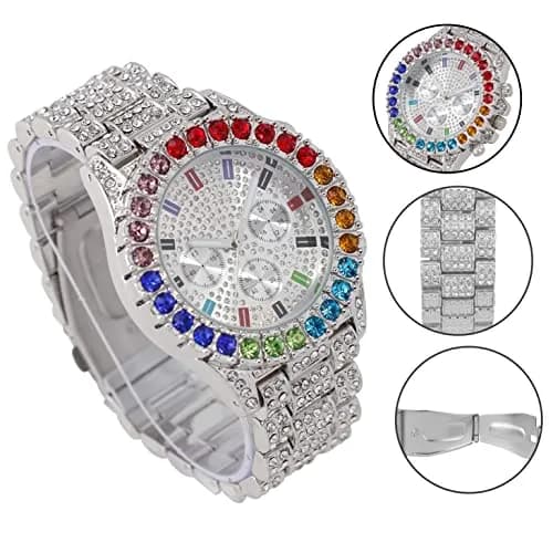 Charles Raymond Watch Flawless Multi Color Big Diamond Ice Rollie - ST10327DxxS (Silver Rainbow) | Hip Hop Style, 28 Crystals, Blood Red Dial thumbnail 3