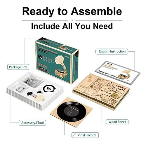 ROKR 3D Wooden Puzzles Gramophone for Adults - DIY Mechanical Model Kit 8.9" x 10.3" x 16.9" | Vintage Record Player Decor thumbnail 6