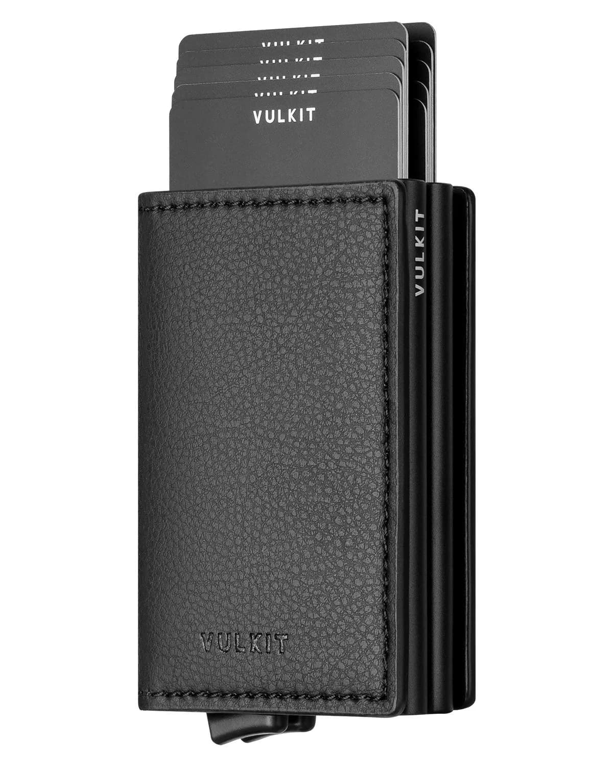 VULKIT Automatic Leather Slim Credit Card Holder with RFID Blocking Metal Double Case 11 cm (4.33 in) | Quick Access Tiered Card Pop-Up — Black
