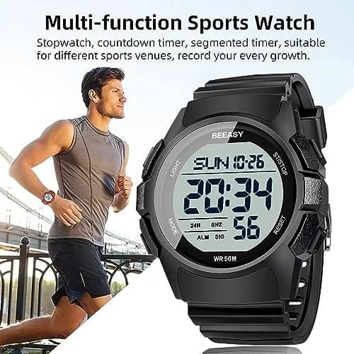 Beeasy Men's Digital Sports Watch 49mm Black | 50M Waterproof Stopwatch Countdown Timer Dual Time thumbnail 6