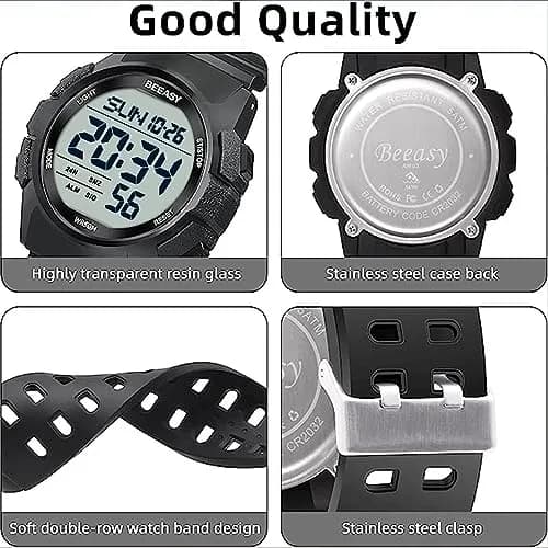 Beeasy Men's Digital Sports Watch 49mm Black | 50M Waterproof Stopwatch Countdown Timer Dual Time thumbnail 4