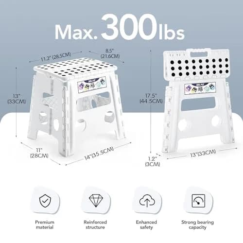 Delxo Folding Step Stool 13 Inch White | CPC Certified, 300 Lbs Capacity, Portable & Foldable thumbnail 2