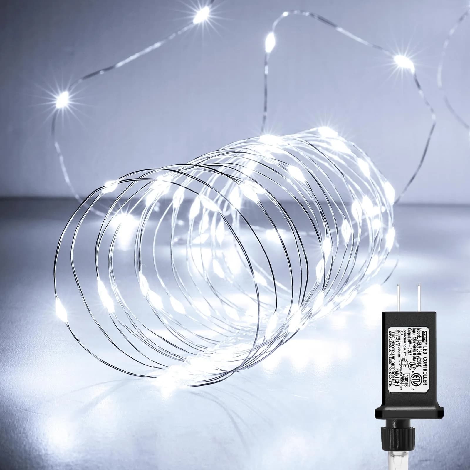 Minetom 99ft 300 LED Pure White Fairy Lights | Steady On, IP44 Waterproof Silver Wire