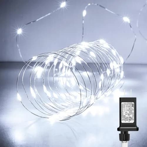 Minetom 99ft 300 LED Pure White Fairy Lights | Steady On, IP44 Waterproof Silver Wire thumbnail 1