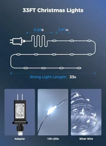Minetom 99ft 300 LED Pure White Fairy Lights | Steady On, IP44 Waterproof Silver Wire thumbnail 7