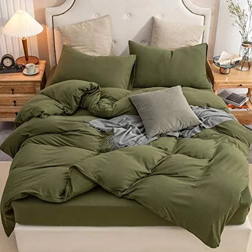 PURE ERA Jersey Knit Duvet Cover Set Solid Olive Green King | Ultra Soft Cotton, All Seasons thumbnail 1