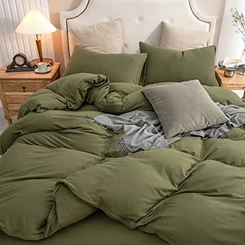PURE ERA Jersey Knit Duvet Cover Set Solid Olive Green King | Ultra Soft Cotton, All Seasons thumbnail 4