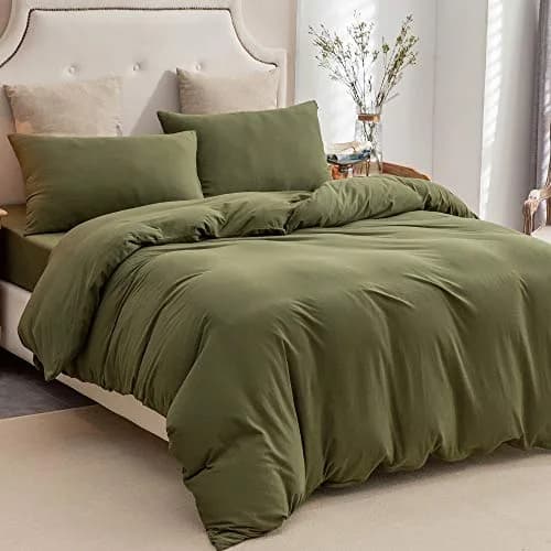 PURE ERA Jersey Knit Duvet Cover Set Solid Olive Green King | Ultra Soft Cotton, All Seasons thumbnail 5