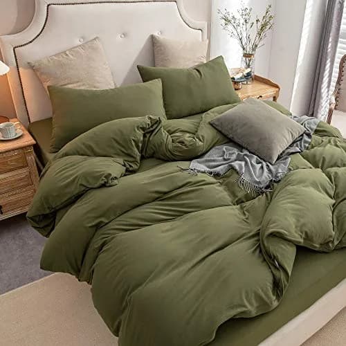 PURE ERA Jersey Knit Duvet Cover Set Solid Olive Green King | Ultra Soft Cotton, All Seasons thumbnail 2
