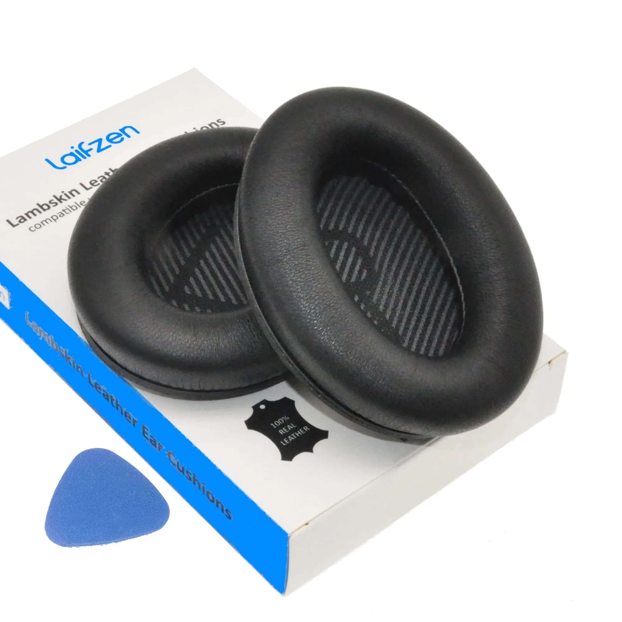 Laifzen Black Lambskin Leather Earpads for Bose QC45 SE QC35 II QC25 QC15 AE2 SoundLink SoundTrue Headphones (1 Pair, 10.16 cm x 7.62 cm x 2.54 cm) — Black Earpad Black Scrim