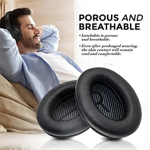 Laifzen Black Lambskin Leather Earpads for Bose QC45 SE QC35 II QC25 QC15 AE2 SoundLink SoundTrue Headphones (1 Pair, 10.16 cm x 7.62 cm x 2.54 cm) thumbnail 6