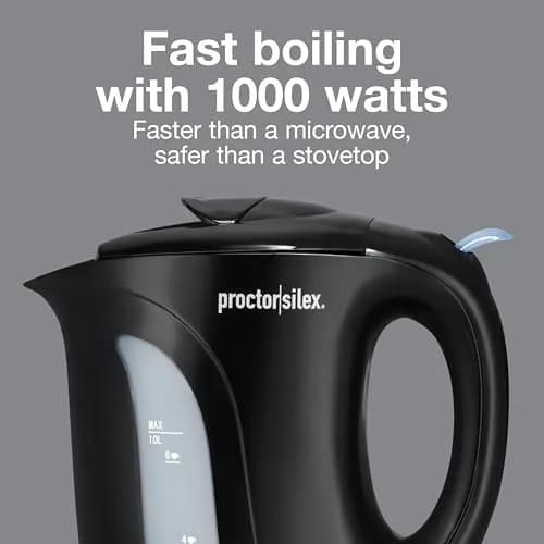 Proctor Silex 1 Liter Electric Tea Kettle Water Boiler & Heater | Fast Boiling 1000W, Detachable Cord, Auto Shutoff, Boil-Dry Protection, Black thumbnail 6