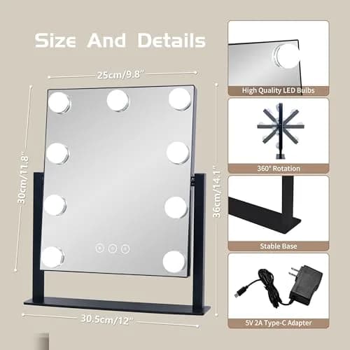 NUSVAN Makeup Vanity Mirror with Lights, 9 Dimmable LED Bulbs, 3 Color Modes, 10X Magnification, Touch Control, 360° Rotation | Elegant Bedroom Essential thumbnail 4