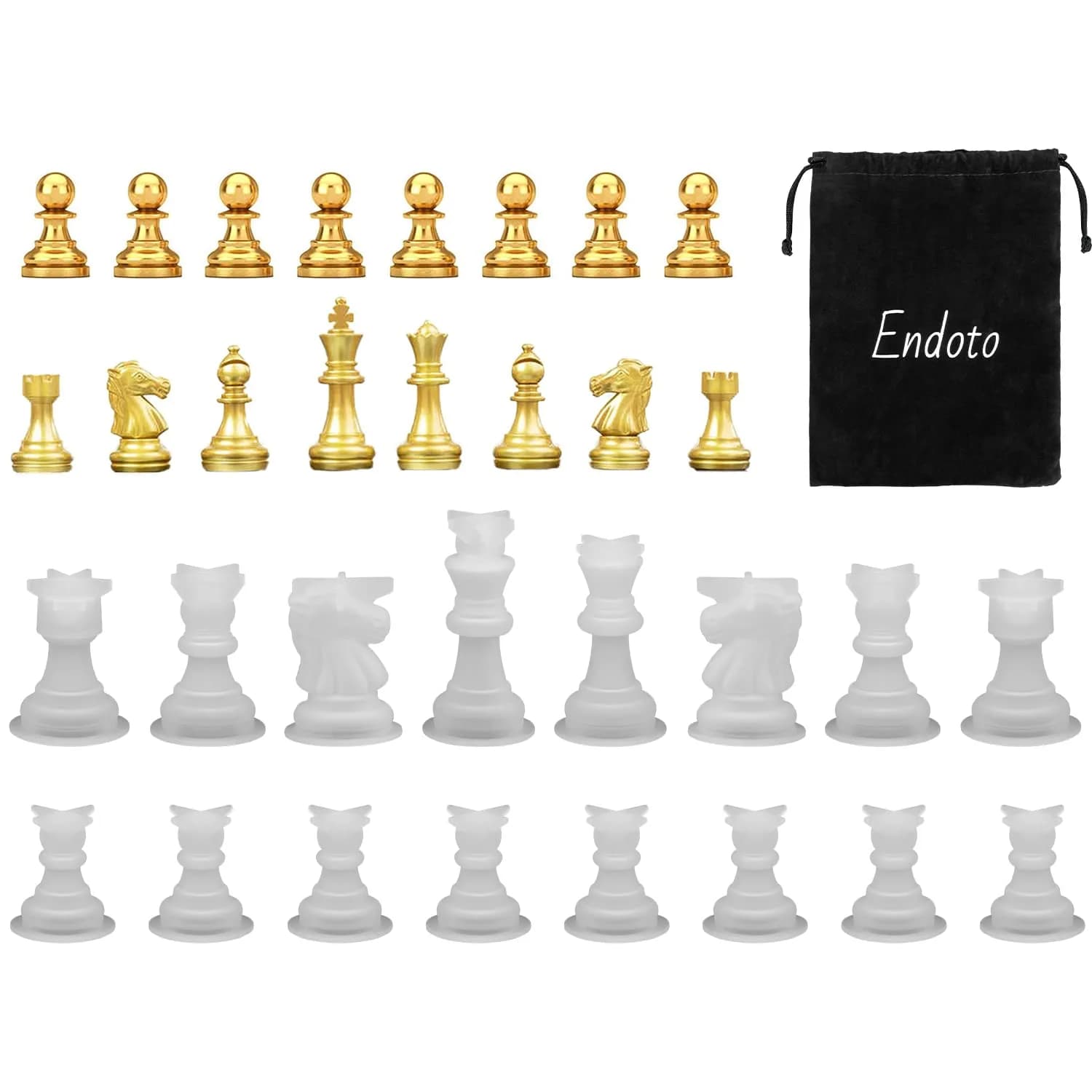 Endoto 3D Chess Piece Resin Mold Set, 32 Pieces Full Size Silicone Casting Kit | For Epoxy Resin & Home Decor — 16pcs Chess Mold