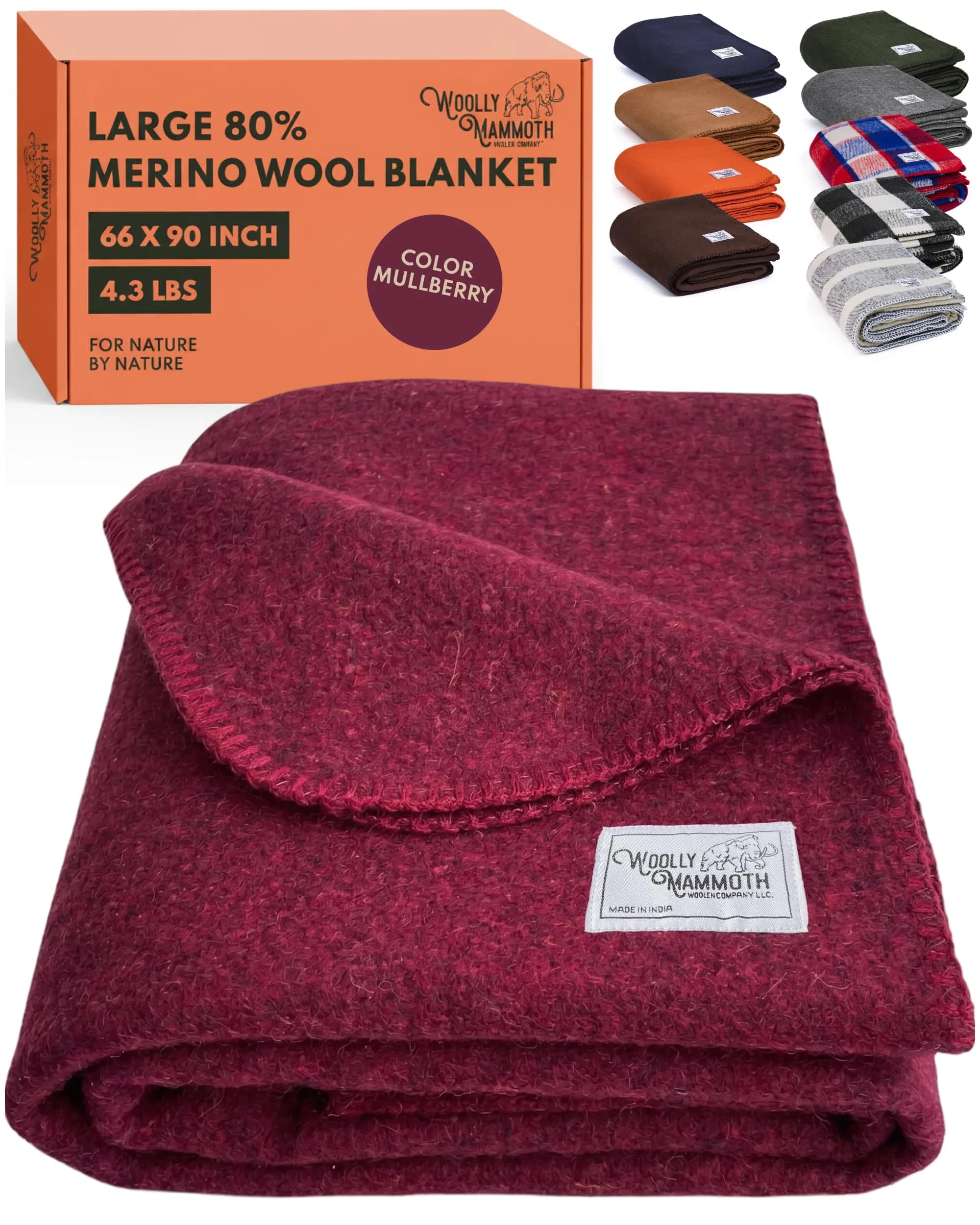 Woolly Mammoth Merino Wool Blanket, Fall Camping Blanket, 66"x90" Mulberry | Warm, Durable & Moisture-Wicking - main product image