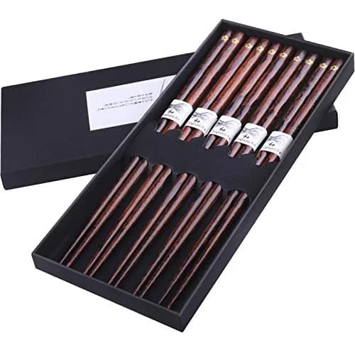 GLAMFIELDS Natural Wooden Japanese Chopsticks 22.5 cm (8.8 Inch) 5 Pairs | Lightweight Hand-Carved Gift Set thumbnail 1