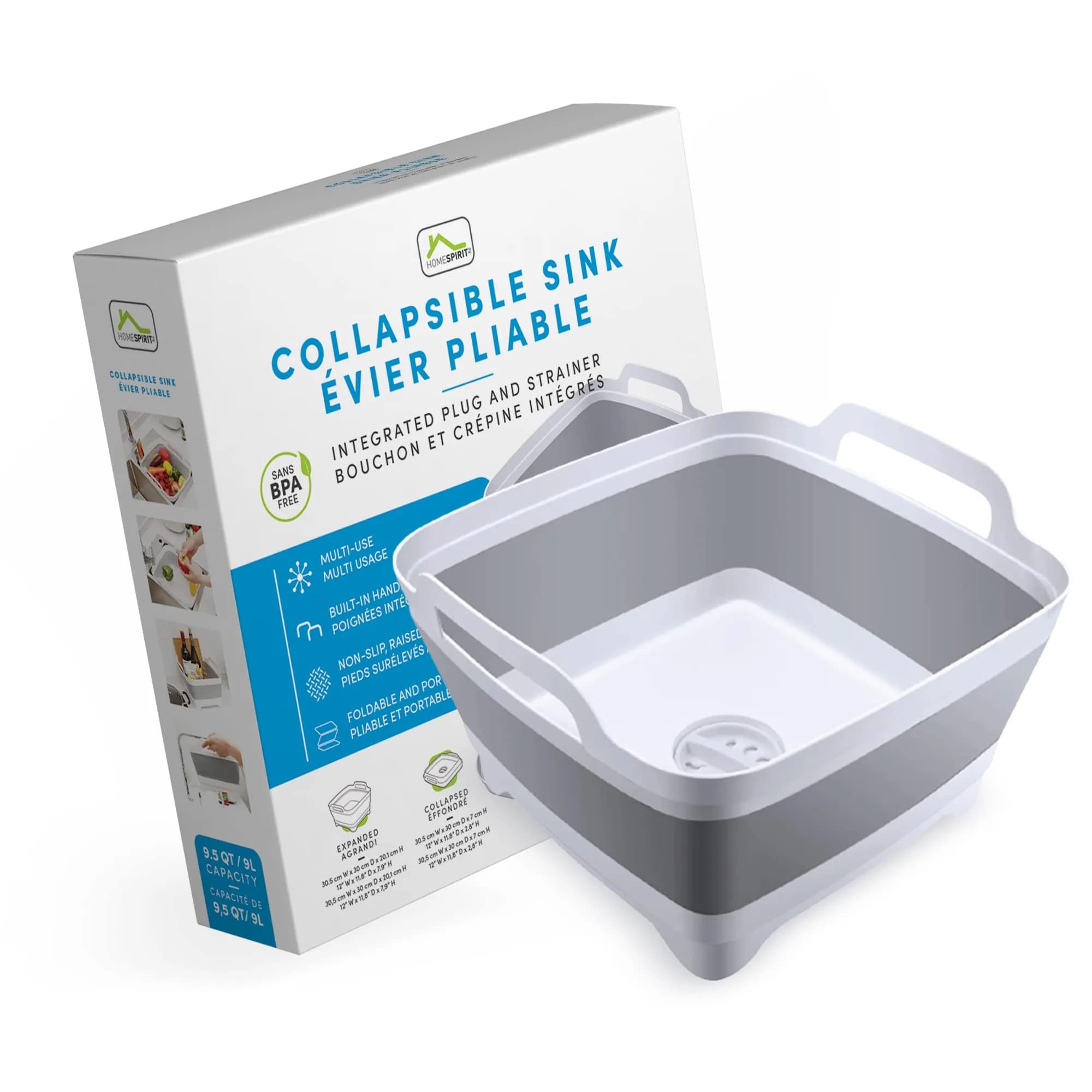 Home Spirit Collapsible Sink – 9L Portable Wash Basin Tub with Handle, Plug & Strainer – For Dishes, Fruits, Veggies, Laundry & Beverages | Multipurpose Kitchen Utility - main product image