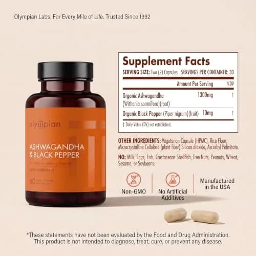 Olympian Labs Organic Ashwagandha with Black Pepper Supports Brain, Muscle & Memory - 60 Vegan Capsules thumbnail 2