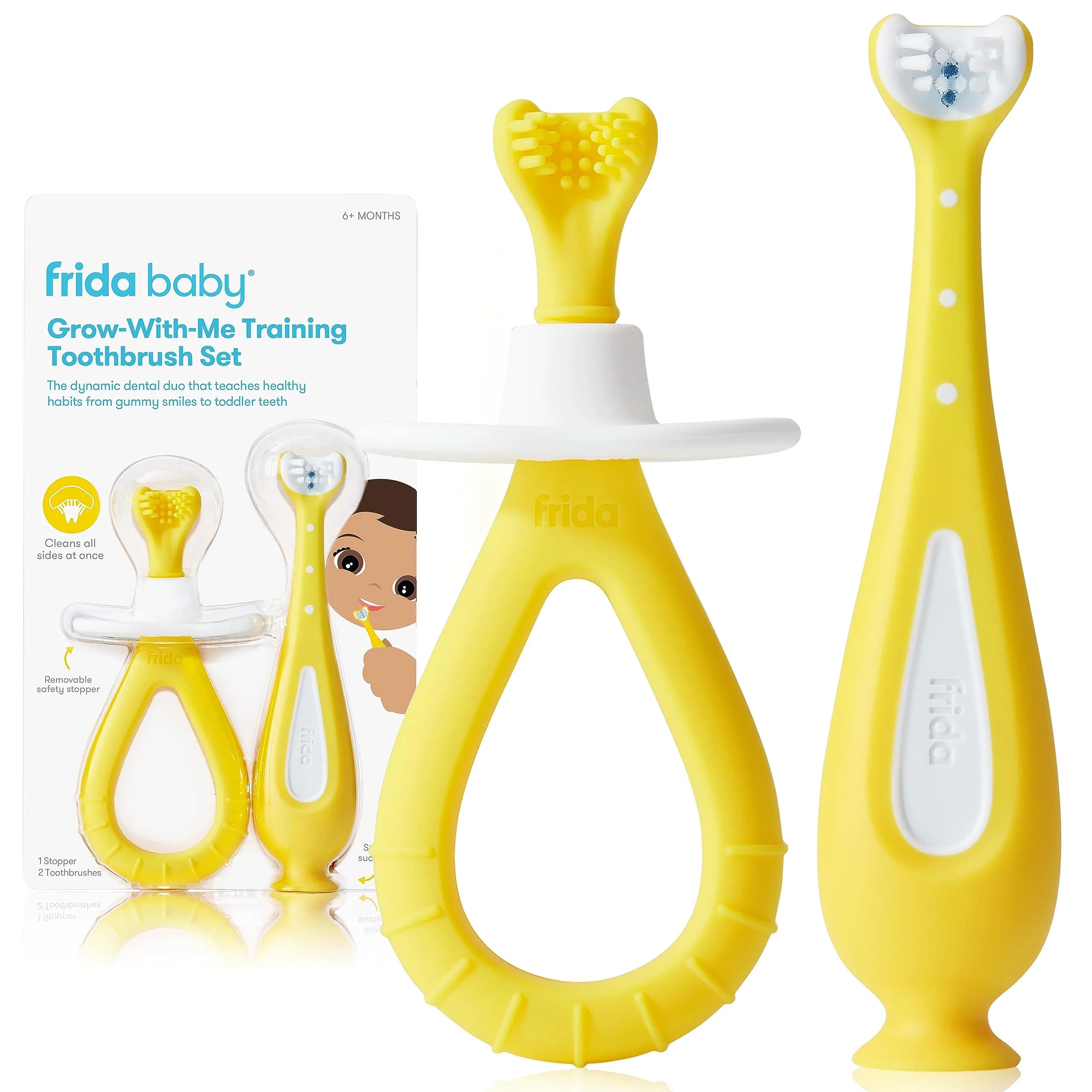 Frida Baby Grow-with-Me Training Toothbrush Set, 6-18 Months, Yellow | Gentle Silicone Bristles for Sensitive Gums - main product image