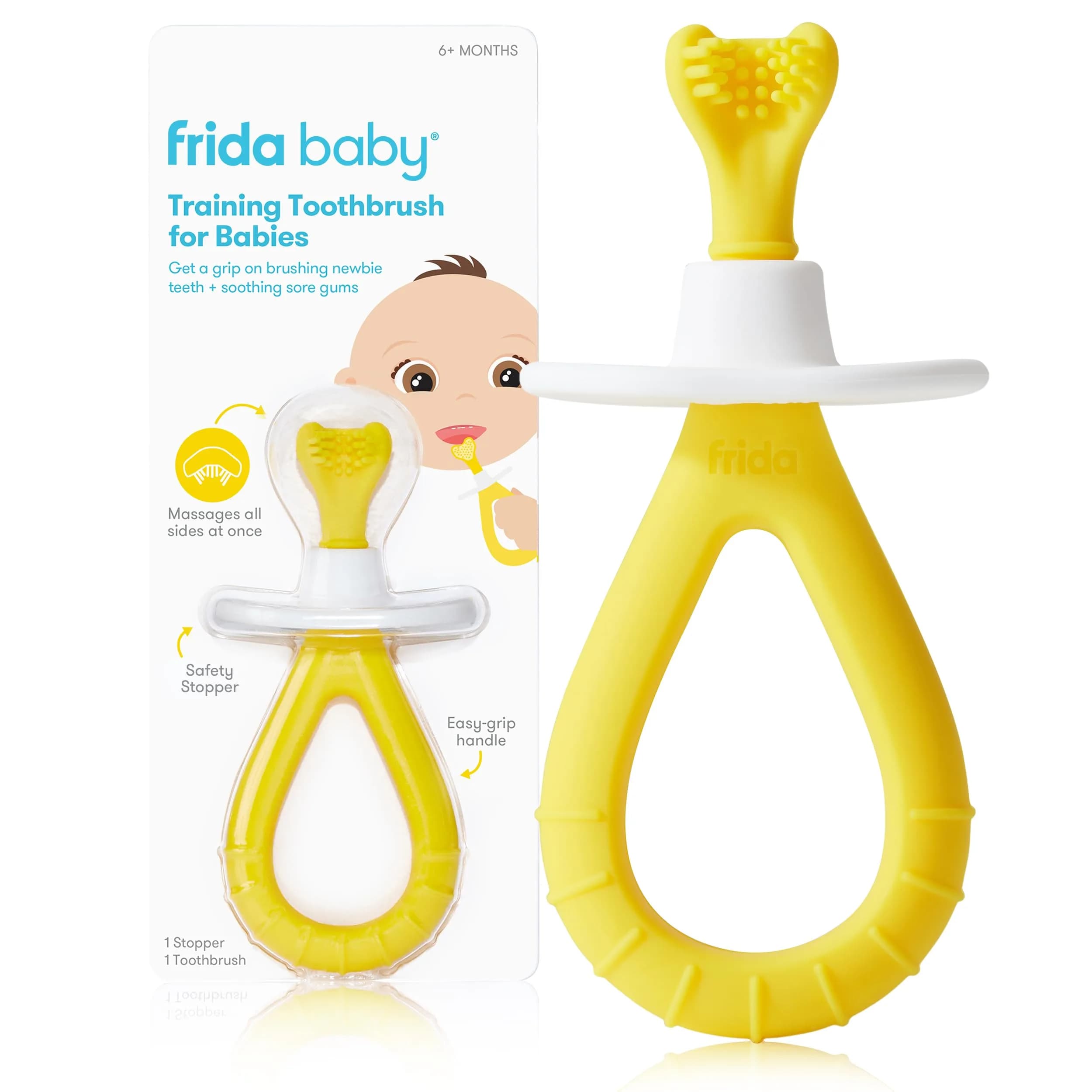 Frida Baby Training Toothbrush Yellow | Soft Silicone Bristles for 6M+ Babies