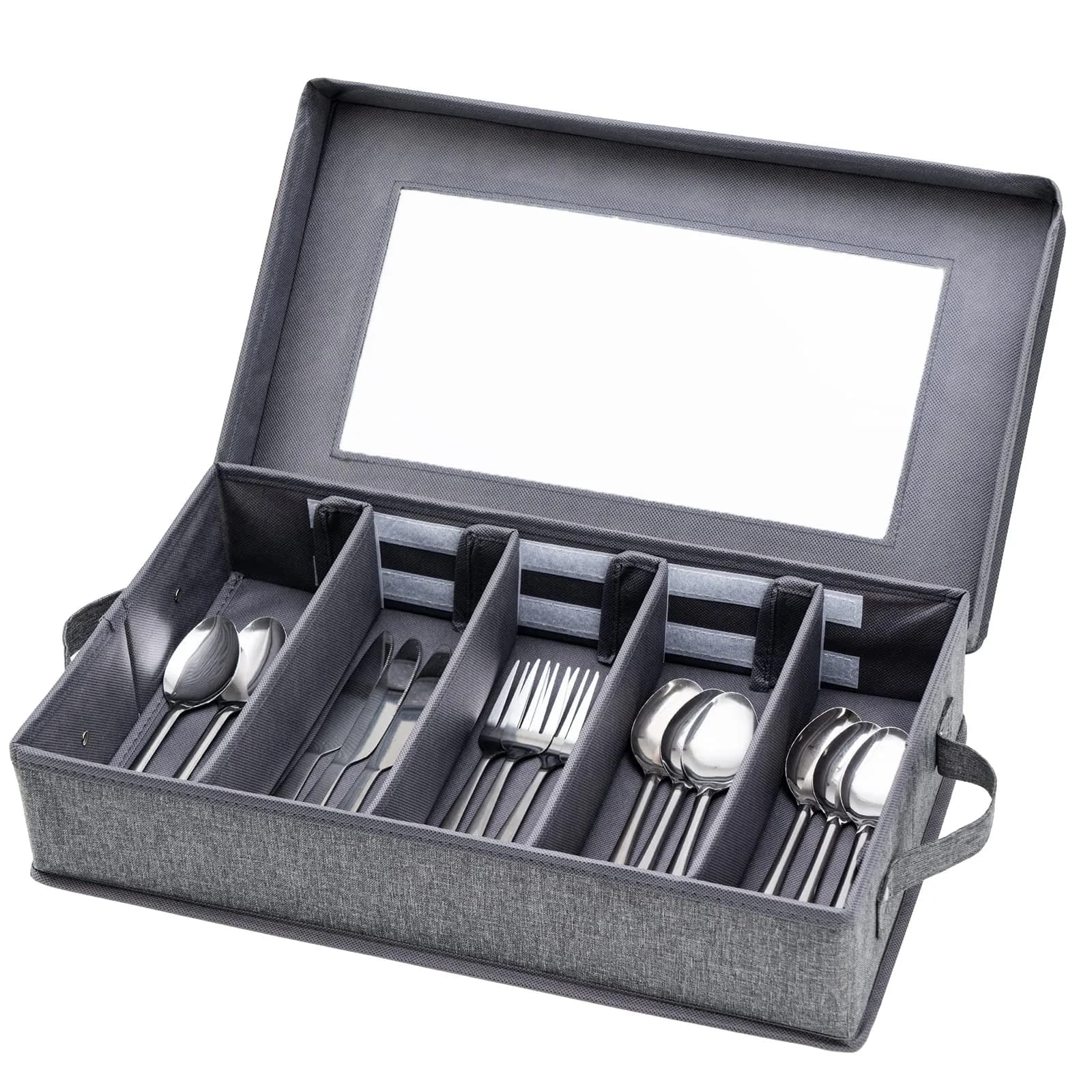 Lafulling Silverware Storage Box, Flatware Storage with Adjustable Dividers | Dustproof, Collapsible, 17"x10.5"x4" - main product image