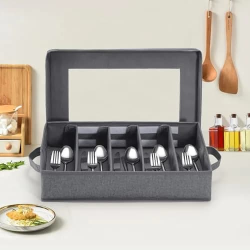 Lafulling Silverware Storage Box, Flatware Storage with Adjustable Dividers | Dustproof, Collapsible, 17"x10.5"x4" thumbnail 6