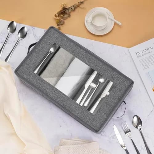 Lafulling Silverware Storage Box, Flatware Storage with Adjustable Dividers | Dustproof, Collapsible, 17"x10.5"x4" thumbnail 2