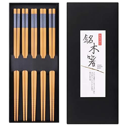 GLAMFIELDS Natural Bamboo Chopsticks 22.5 cm (8.8 Inch) Set of 5 | Japanese Style for Asian Cuisine thumbnail 1