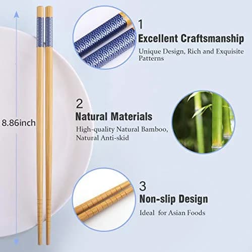 GLAMFIELDS Natural Bamboo Chopsticks 22.5 cm (8.8 Inch) Set of 5 | Japanese Style for Asian Cuisine thumbnail 2