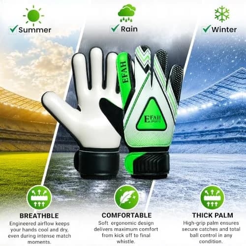 EFAH SPORTS Goalie Goalkeeper Gloves for Kids Youth Size 5 Black/Green | Breathable Mesh & Extra Grip thumbnail 2