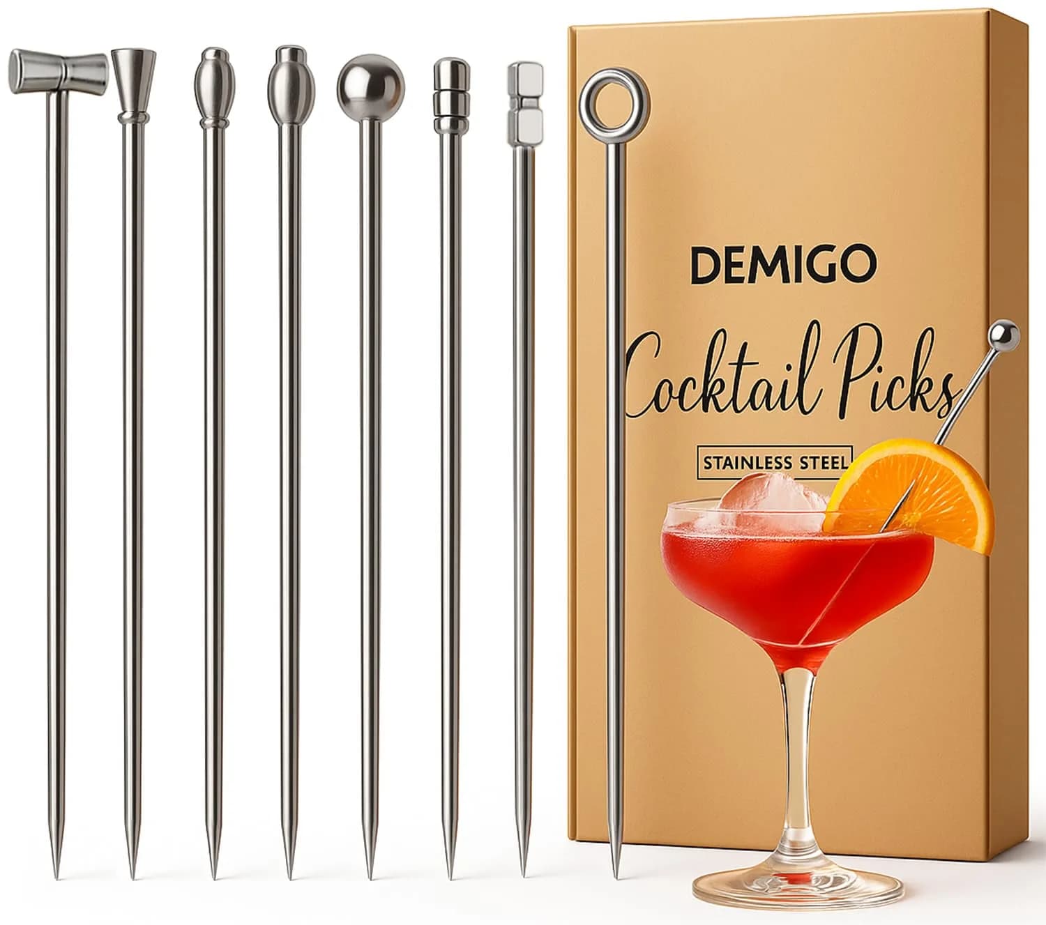Demigo Cocktail Picks Set of 8 | Stainless Steel Reusable Martini Picks for Elegant Drinks