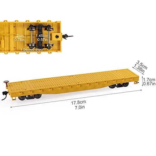 Evemodel 2pcs HO Scale 52' Flat Car Flatbed Transporter Model Train Container Carriage (Yellow) | 87 Scale Freight Car thumbnail 6
