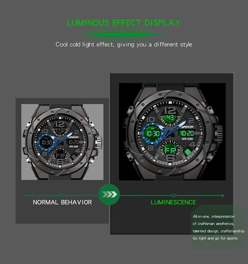 AIMES Men's B-Black Sport Watch 53mm Dual Time Zone Military Watch with LED Alarm & Stopwatch thumbnail 3