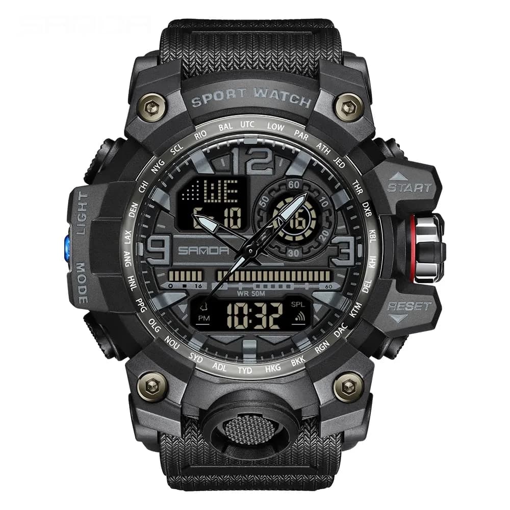 AIMES Men's Military Waterproof Digital Watch 53mm | Dual Time, LED Backlight, Shock Resistant — B-Black