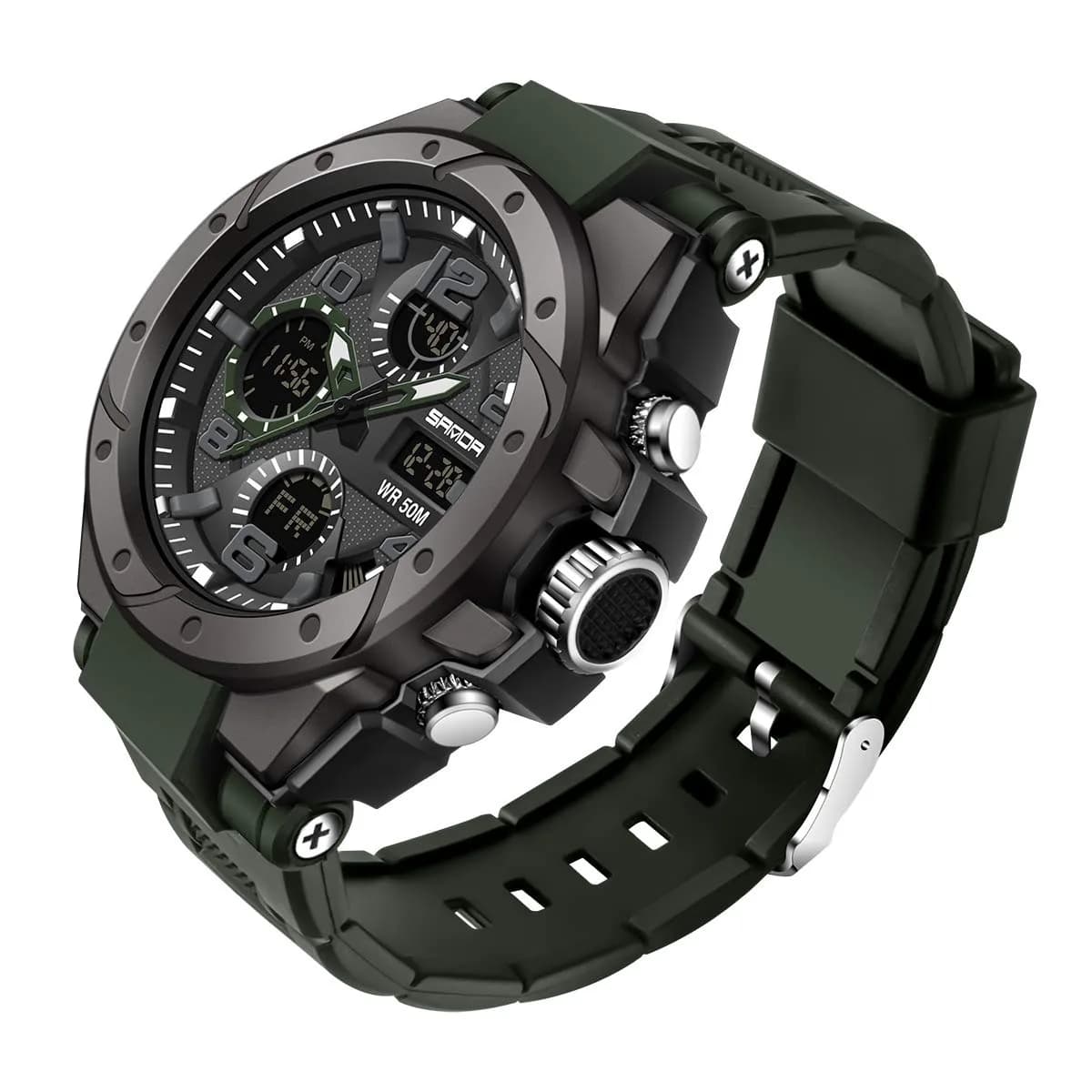 AIMES Military Waterproof Watch 53mm Green | Dual Time, Sport, Analog-Digital
