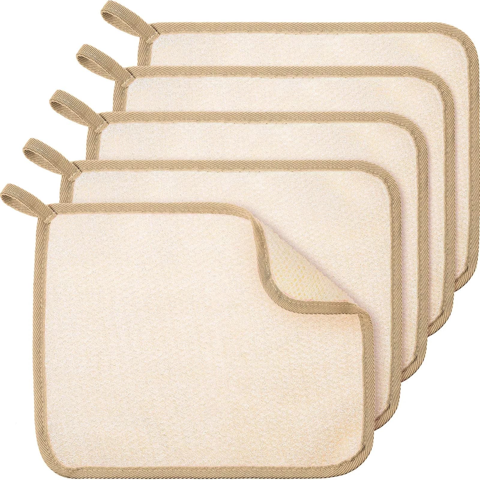 Tatuo 5 Pcs Exfoliating Washcloth Set | Dual-Sided Nylon Scrub & Soft Texture Towels — Brown Edge